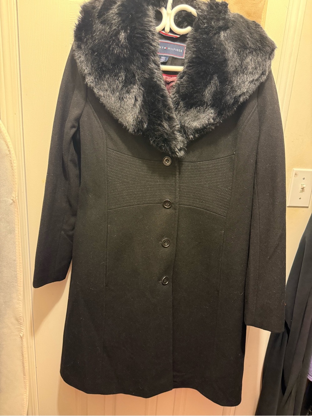 Tommy Hilfiger Black Wool Trench Coat with Faux Fur Shawl Collar